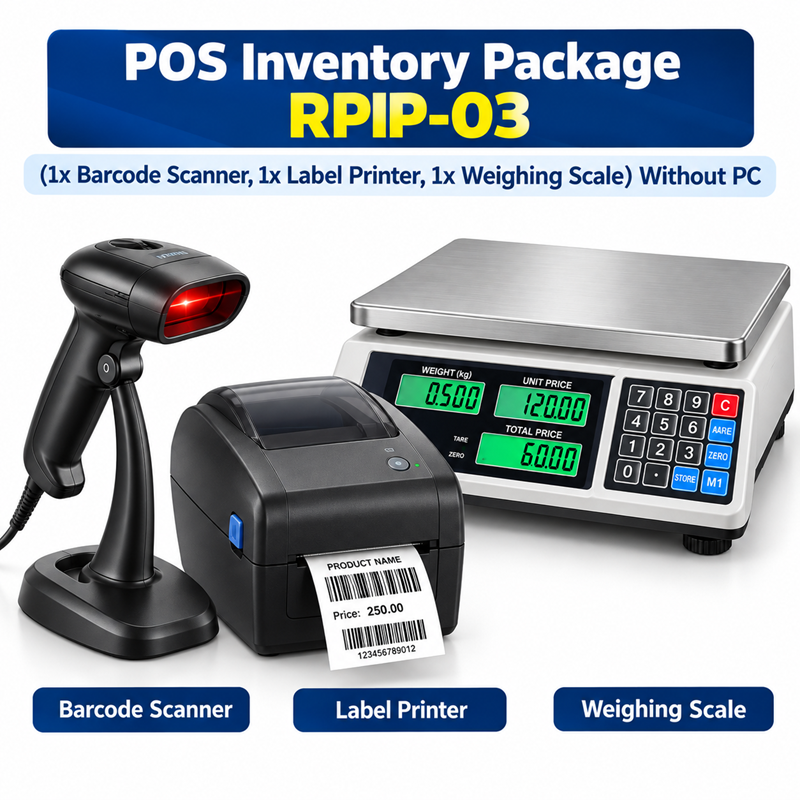 POS Inventory Package-03 (1x Barcode Scanner, 1x Label Printer, 1x Weighing Scale) Without PC